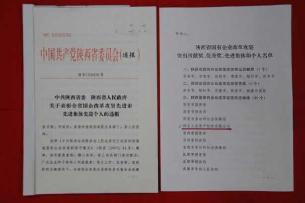 2009年2月，被陜西省委、省政府授予陜西省國有企業(yè)改革攻堅(jiān)先進(jìn)集體